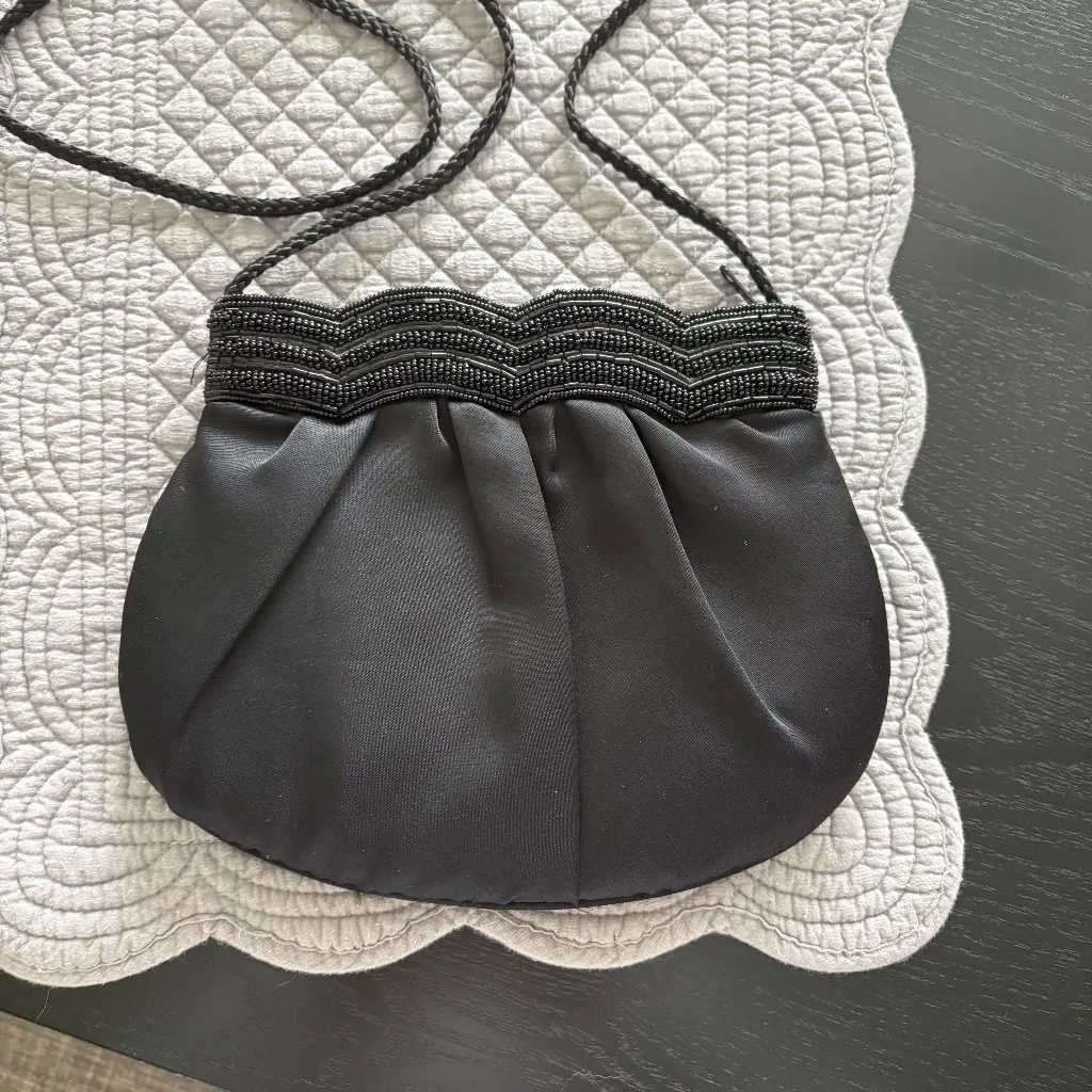 Vintage Almondo Black Evening Bag Beaded Trim Ruched Formal Clutch Purse EUC - Image 2