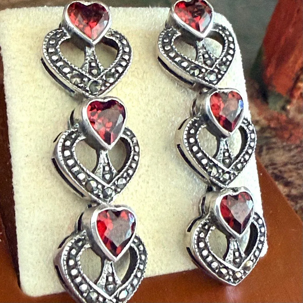 Sterling Silver Marcasite & Garnet Heart Drop Earrings - Image 3