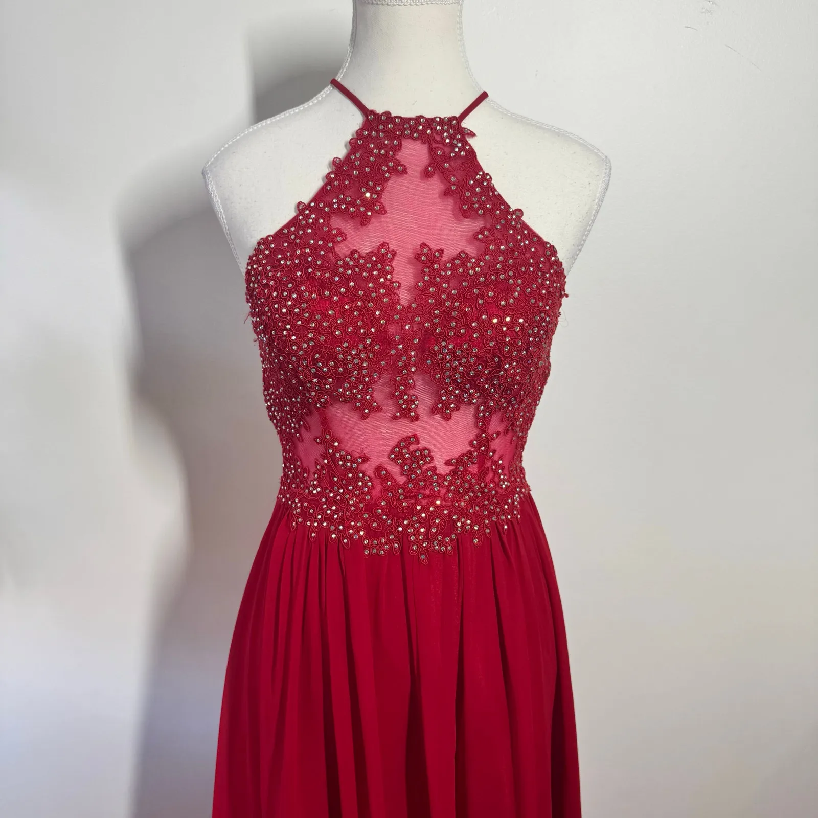 Blondie Nites Bling Formal Maxi Gown Dress Y2K Juniors 3 Red Prom Romantic Glam - Image 2