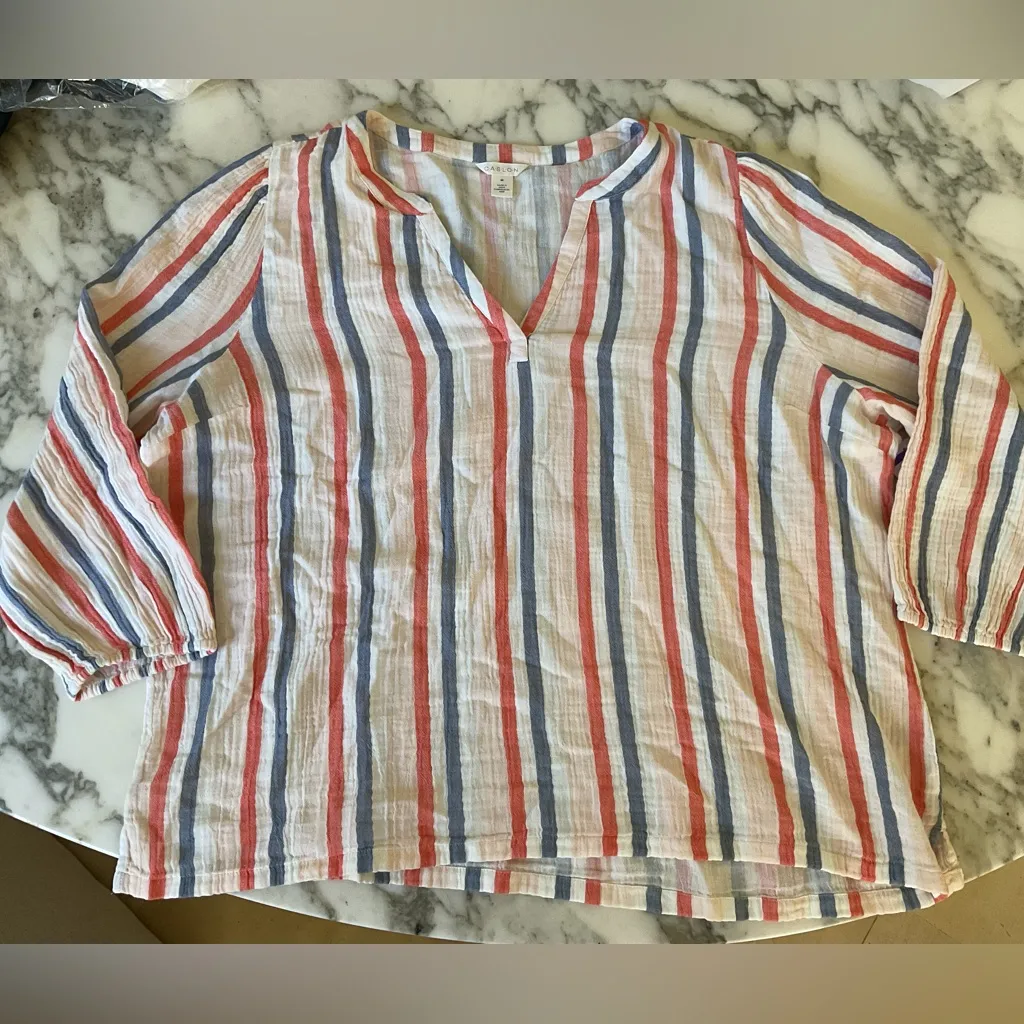 NWT CASLON STRIPE COTTON GAUZE POPOVER TOP IN PINK BEACH RED NAPA STRIPE Sz 2X - Image 2