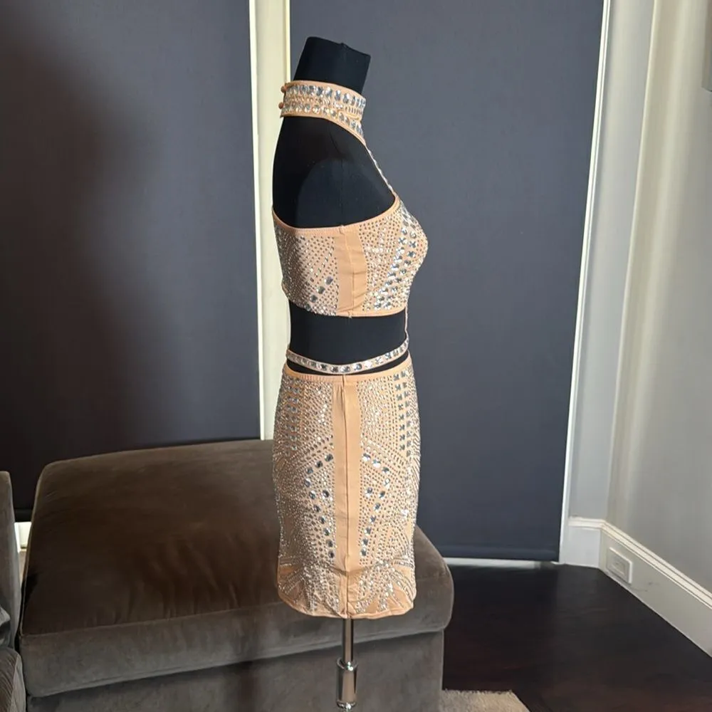 Sexy BodyCon Party 2 Piece Set Outfit Rhinestone Skirt & Halter Top Size M Tan Size M - Image 3