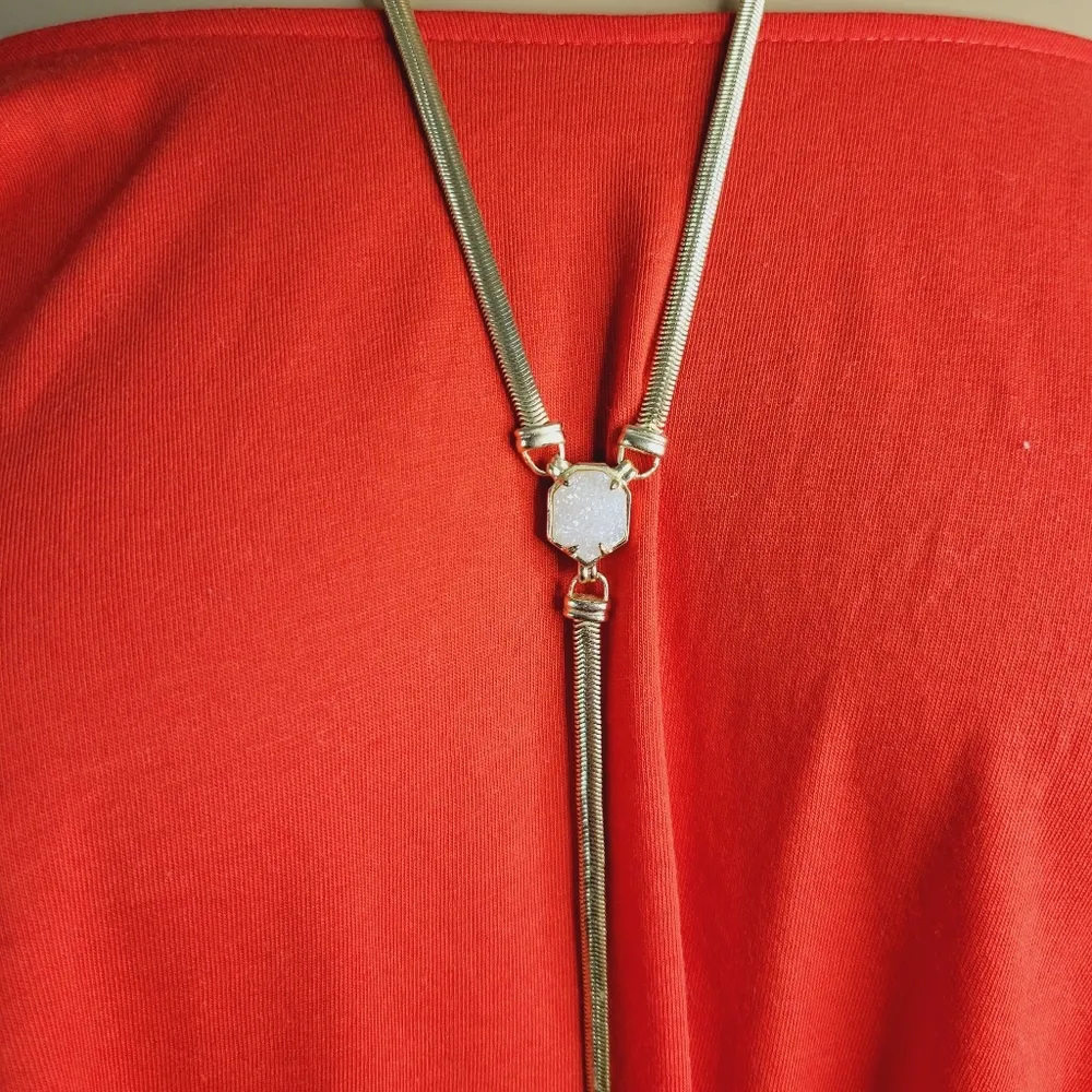 Kendra Scott Starla Necklace Gold Tone Pink White Iridescent Druzy Gem Y… - Image 3