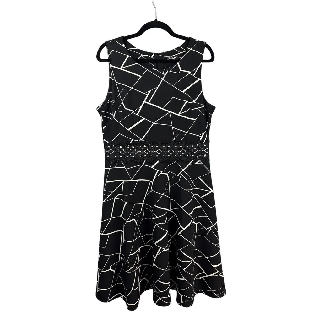 OWIN Women’s Black Tank Dress Size XL – White Geometric Print & Lace Detail - Image 2