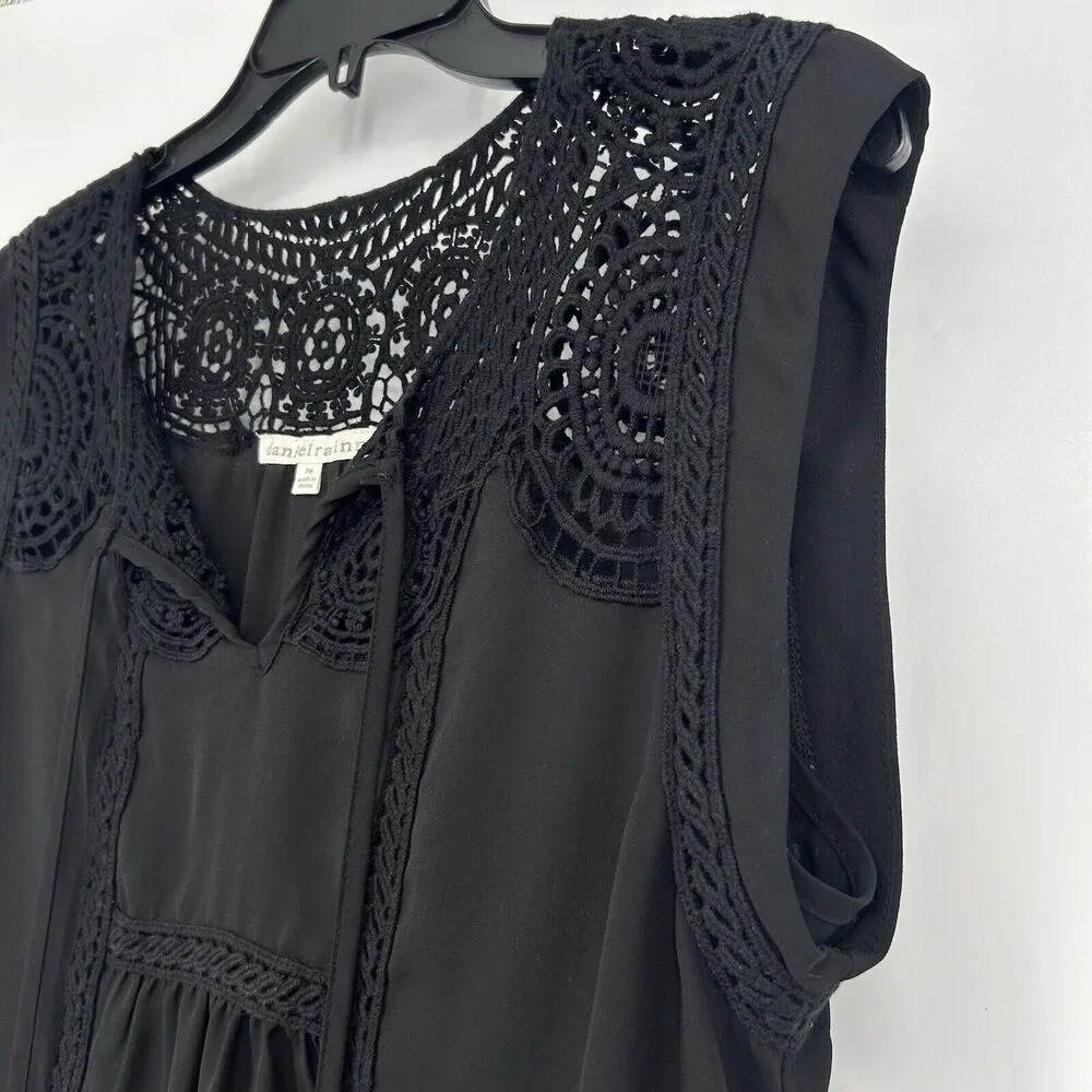 Daniel Rainn Black Boho Top Crochet Split Neck Cap Sleeves Size PM Petite - Image 3