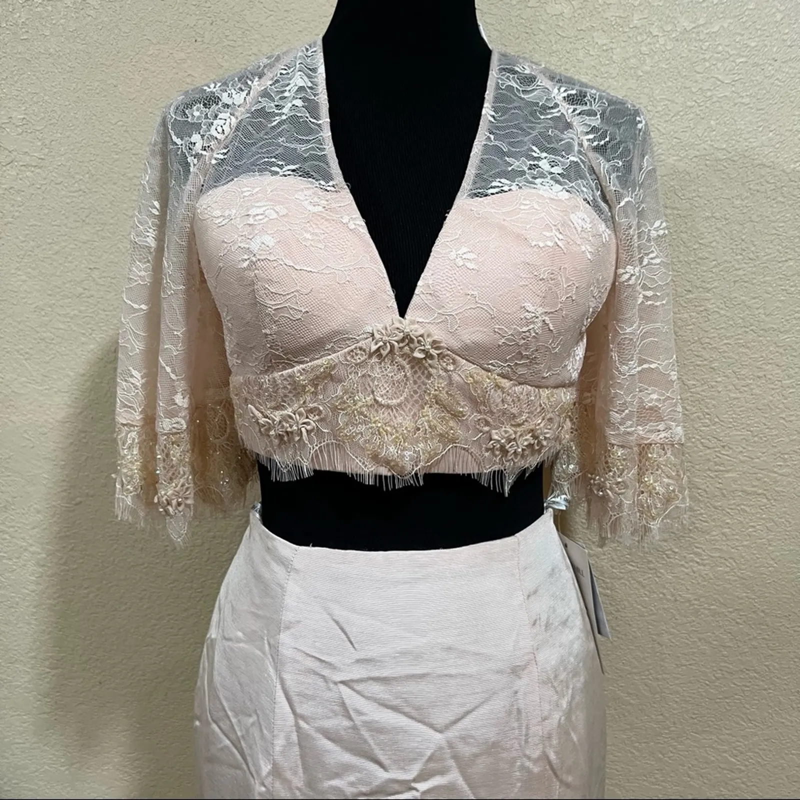 Sherri Hill 50877 blush pink mermaid lace bell sleeve mikado skirt gown NEW 2 - Image 3