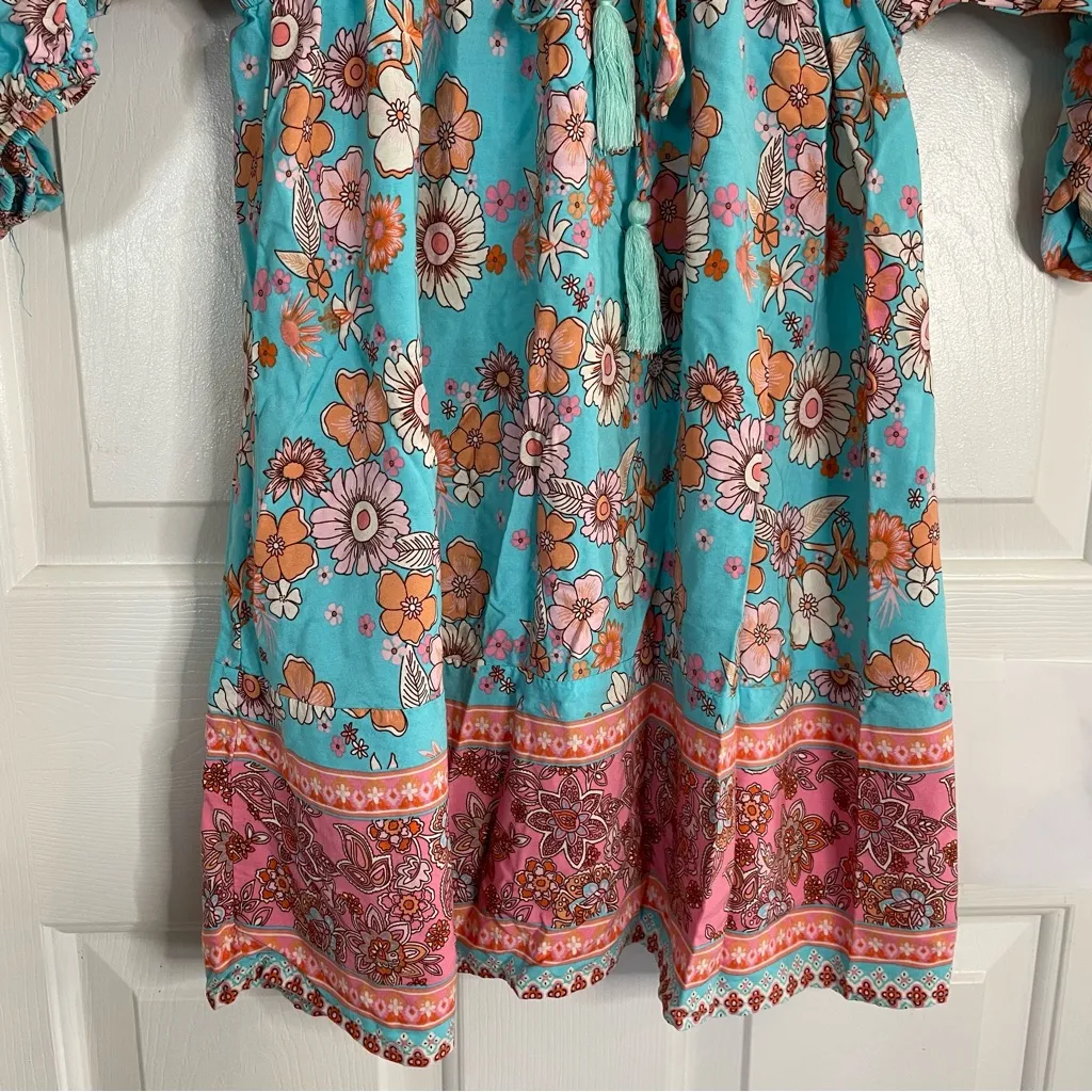 Cupshe Boho Floral Mini sun  Dress in Blue and Pink w/ Drawstring V-Neck - Image 2