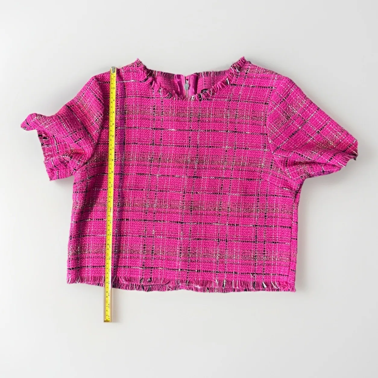Central Park West Tweed Crop Top Womens Size Medium Pink Check Fringe - Image 8