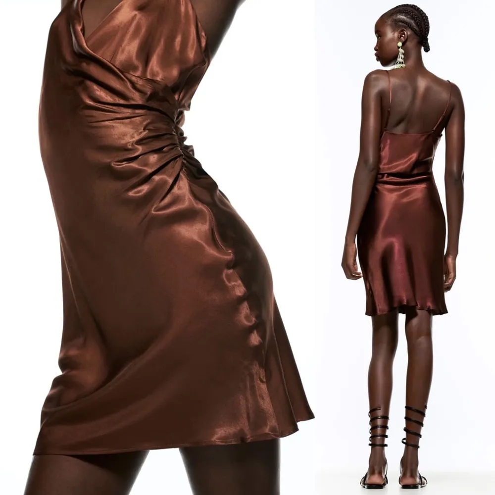 Zara SATIN MINI V-NECK DRESS WITH SIDE RUCHING BROWN SIZE XL NEW - Image 2