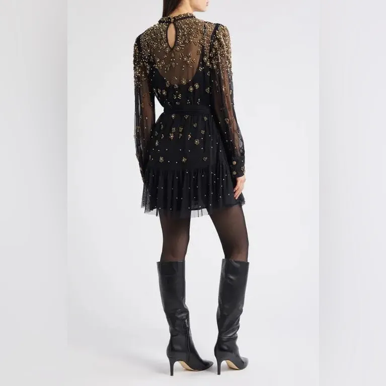 FARM RIO Black Embroidered Tulle Overlay Belted Long Sleeve Mini Dress,Small,398 - Image 12