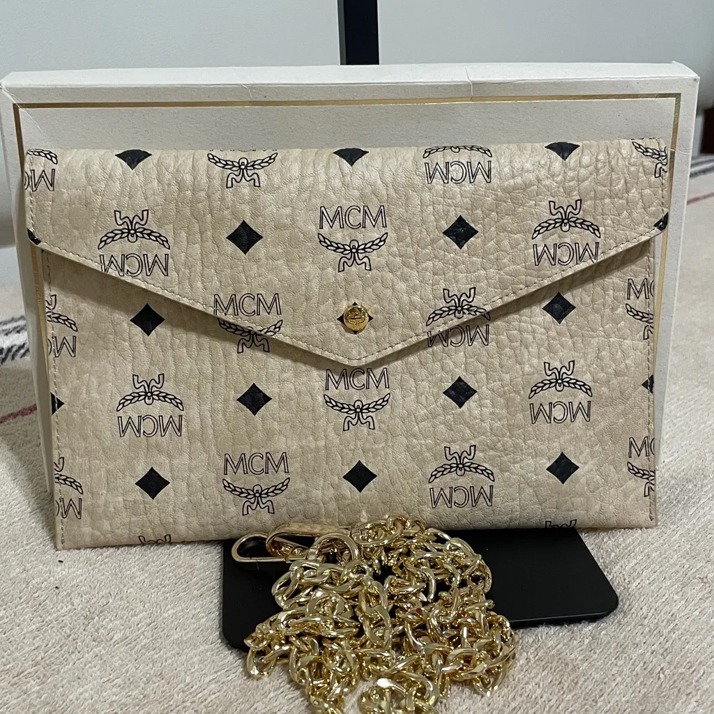MCM Novelty Item Cream and Black Logo Clutch - Image 11