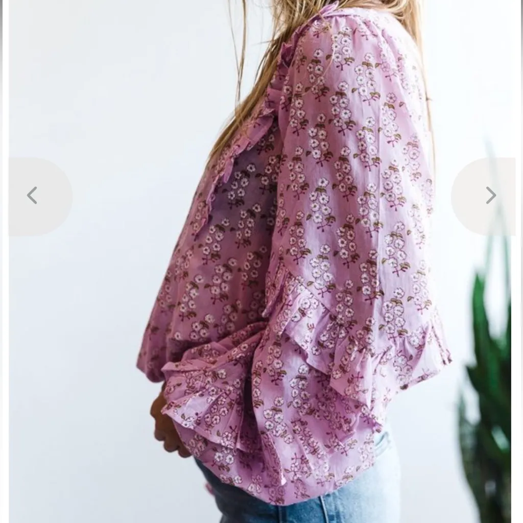 BANJANAN Margot top orchid bouquet floral ruffle blouse sz L Purple Size L - Image 3