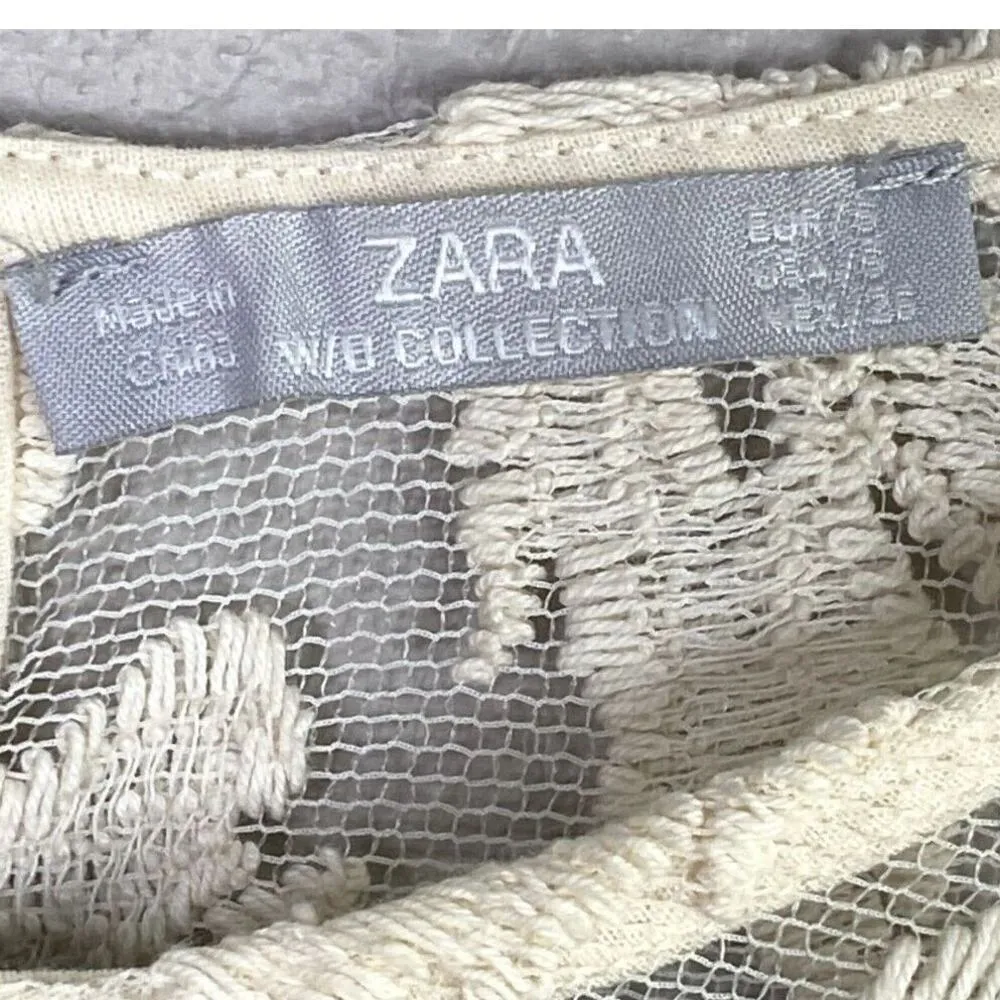 Zara Floral Embroidered Sheer Cotton Blouse Top Romantic Key Hole Back S Cream - Image 6