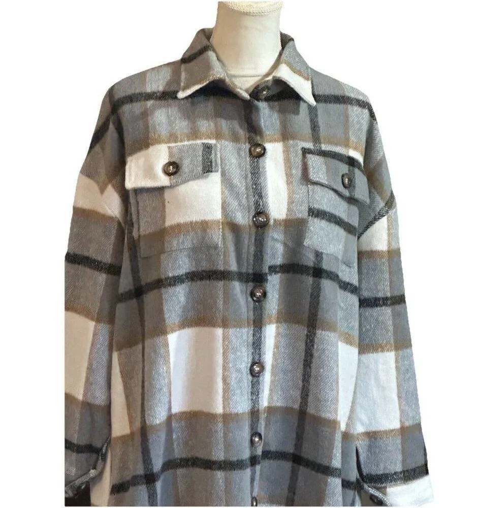 Women’s Shacket Tartan Long Open Black Grey Plaid Utility Jacket Pocket Size L Gray Size L - Image 3