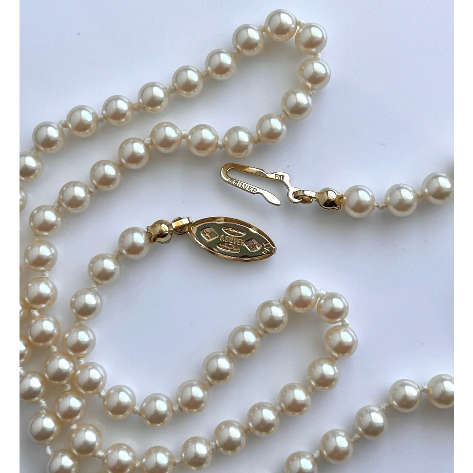 Cultured Pearl Necklace German Silver Knotted 62 Pearls 5mm Fish Hook Clasp - Image 4