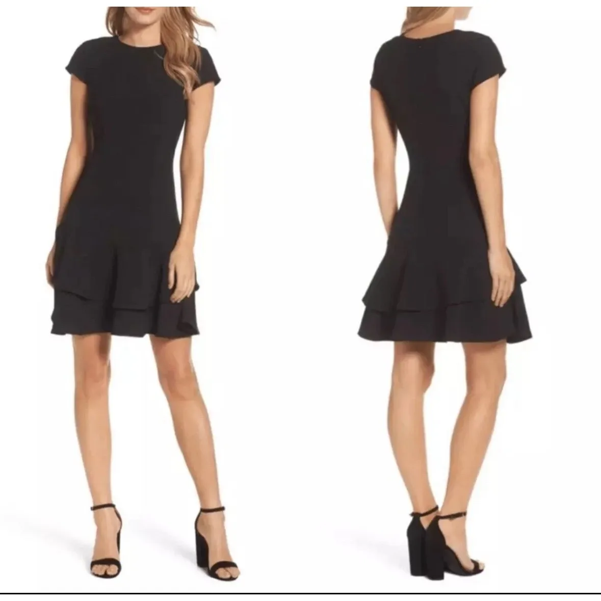 ELIZA J Stretch Ruffle Crepe Sheath Dress Tiered Mini Black Dress Size Large - Image 2