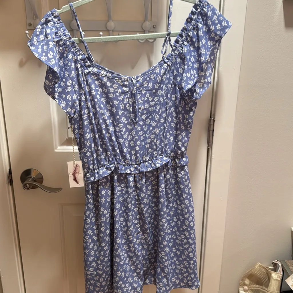 Jessica Simpson Blue Floral Off The Shoulder Ruffle Mini Dress Women's‎ Small - Image 7
