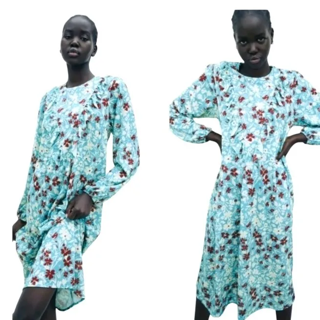 Zara Dress Women Small Blue Floral Ruffle‎ Long Sleeve Midi Boho Prairiecore - Image 2