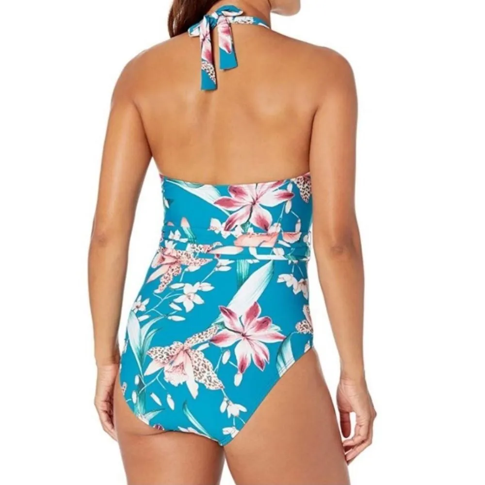 La Blanca Flyaway Orchid Plunge Halter One Piece Swimsuit Sz 10 Tropical Floral - Image 8