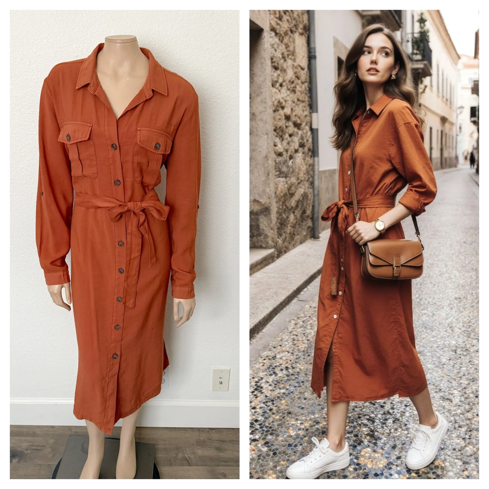 [Cotton Club] Burnt Orange Copper Button Down Safari Shirtdress Midi NWT Sz XXL - Image 2