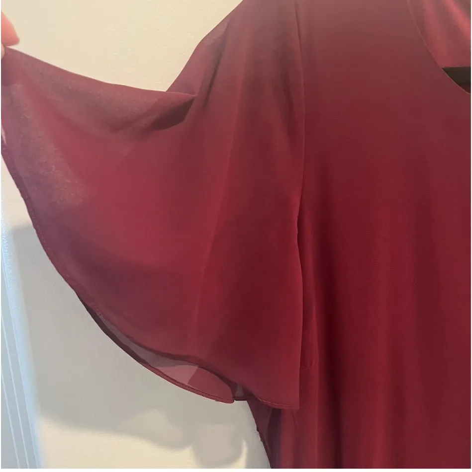 Lulus Flutter Sleeve Burgundy Chiffon Dress Cut Out Back 2XL Slit Skirt Cocktail - Image 5