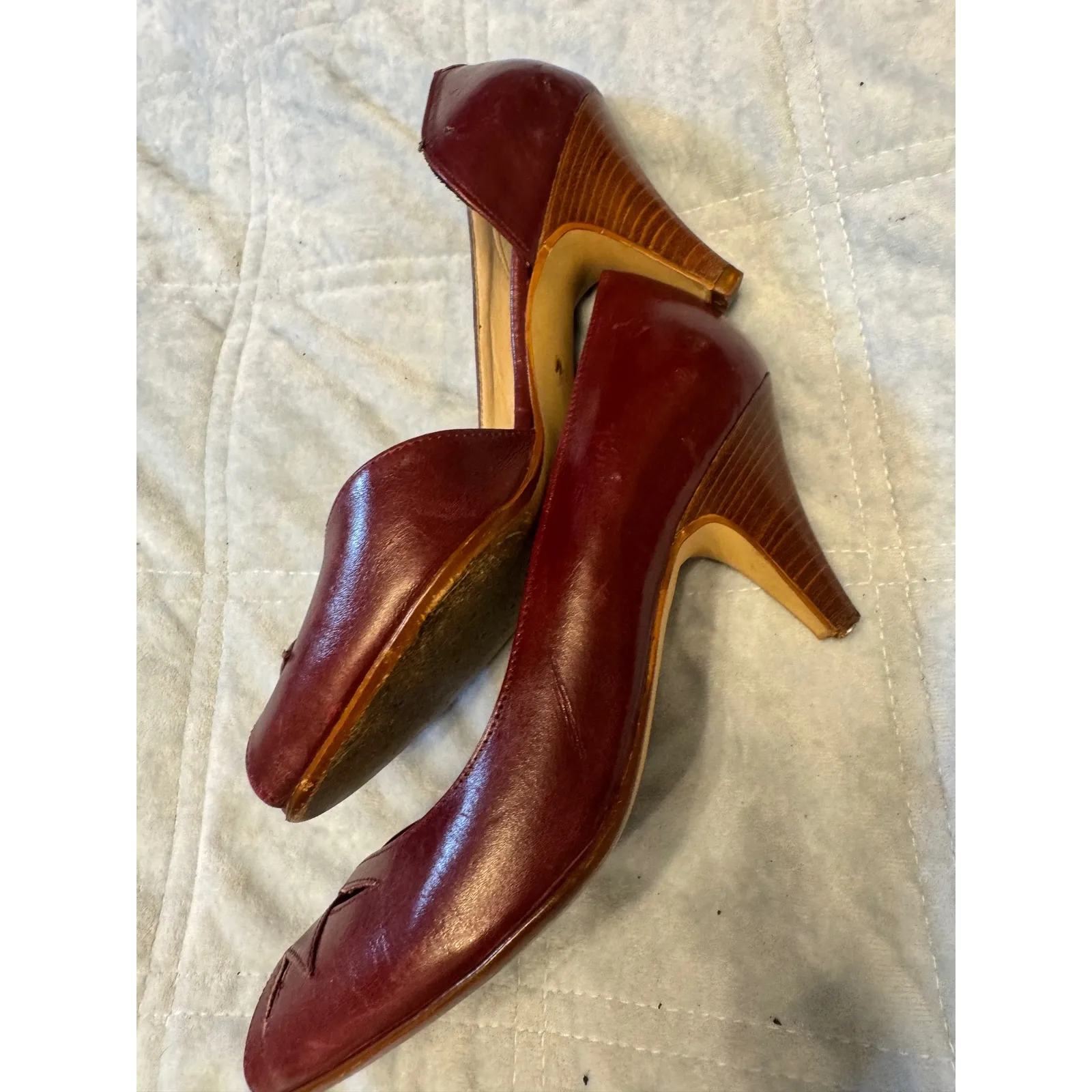 Van Eli Burgundy Leather Heels Open Toe Cut Out Detail Made in Italy Size 5 Red - Image 2