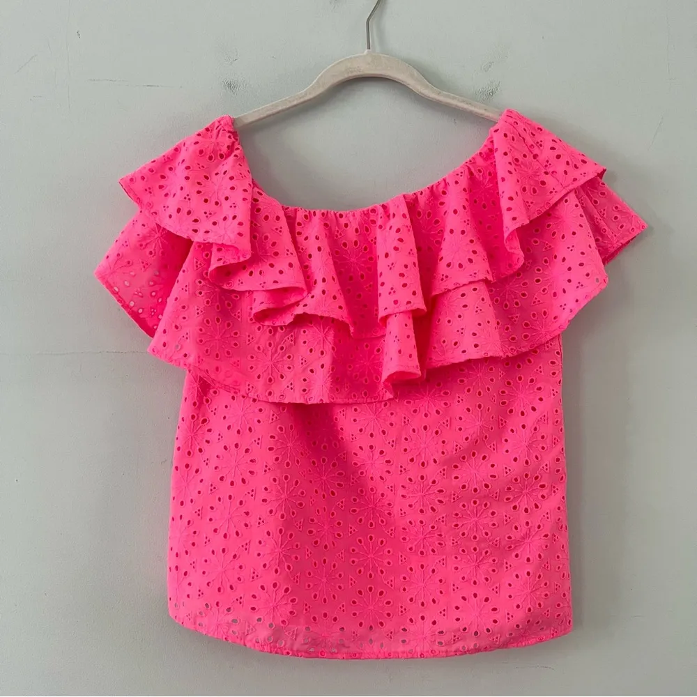 Lilly Pulitzer Trixie Pink Raz Berry Neon Sunburst Eyelet One Shoulder Top - Image 2