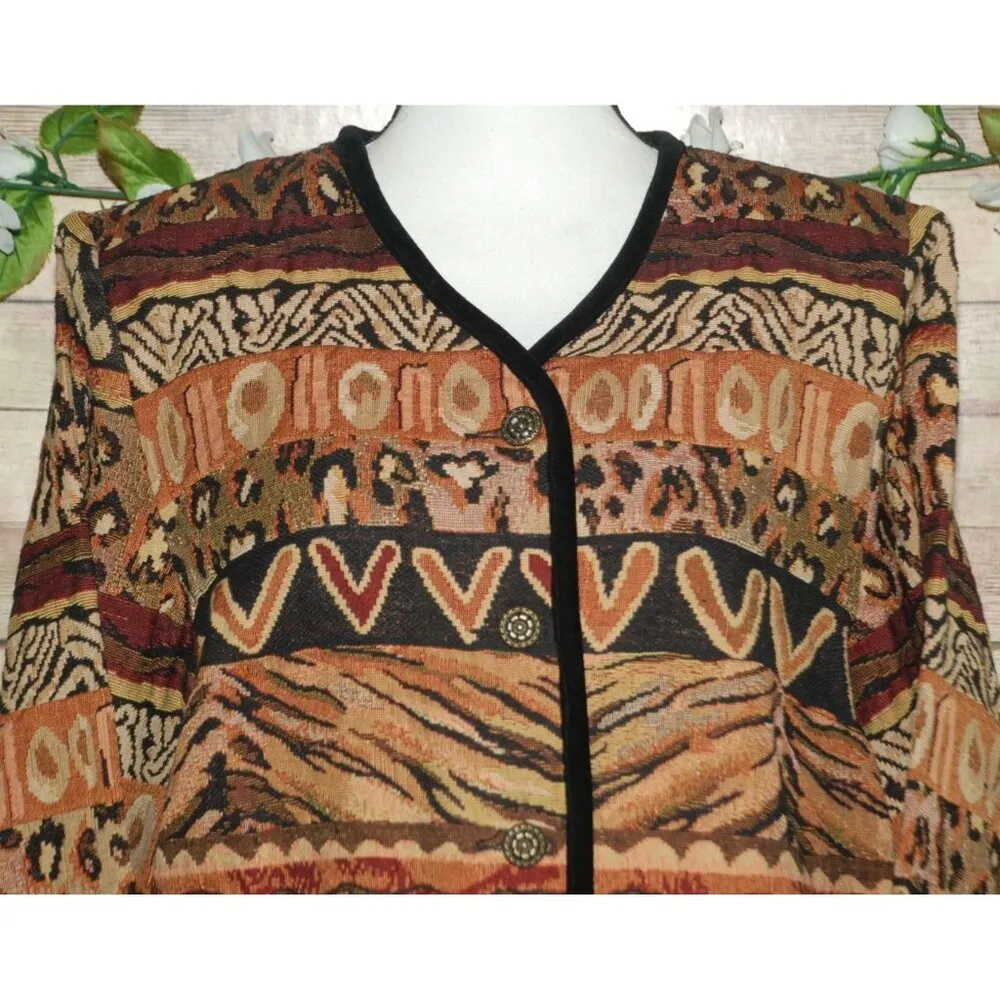 Stonebridge Brown Tapestry Button Up Jacket Size L Animal Print Velvet Trim Size L - Image 2