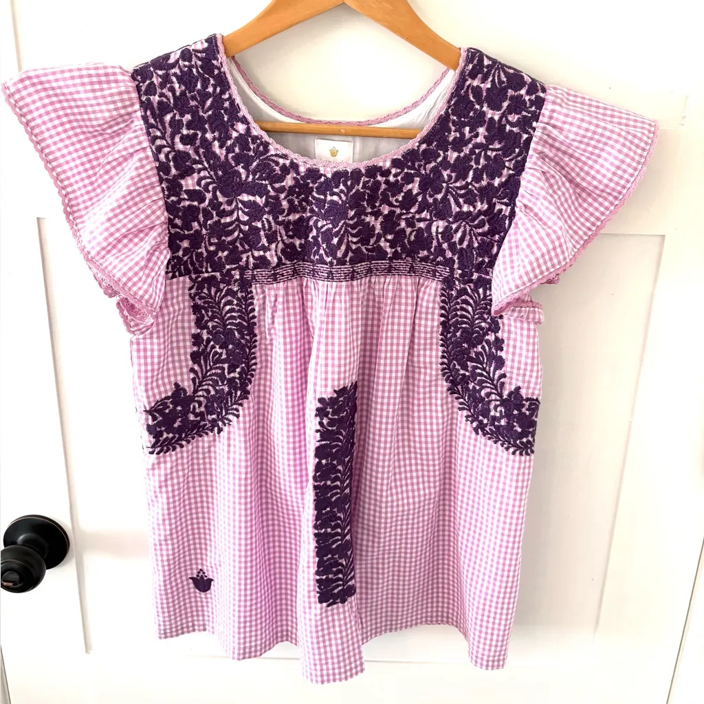 J. Marie Cameron Purple Gingham Embroidered Top. Size Small. - Image 2