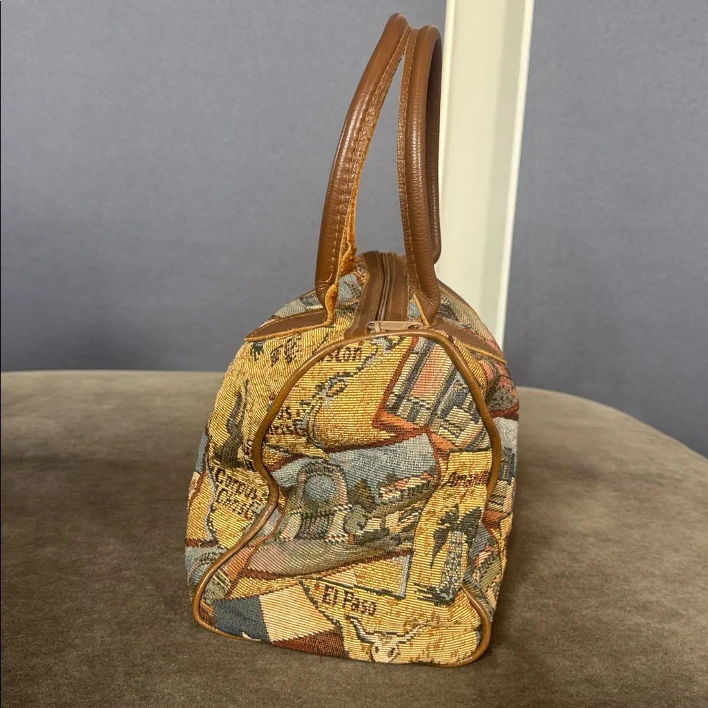 Unique Texas Themed Purse Handbag Tapestry Fabric Leather Handles and Trim Brown - Image 4