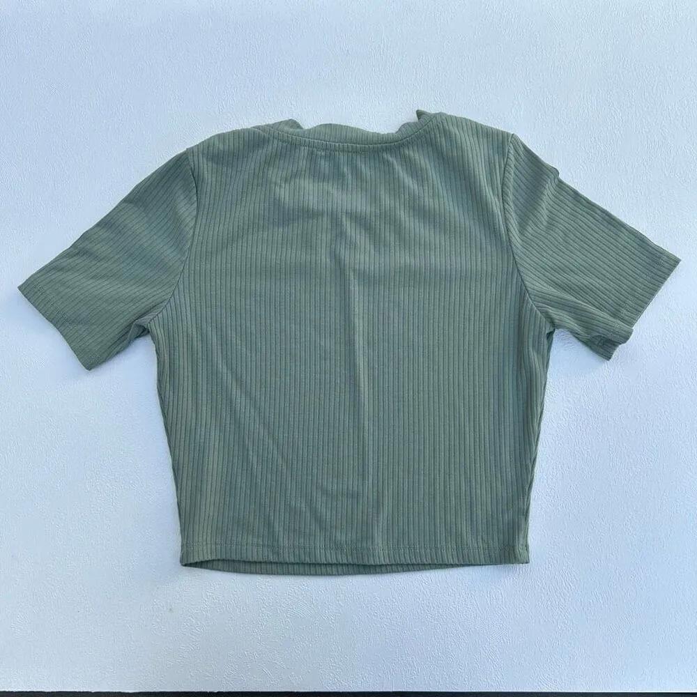 White Fox Ribbed Short Sleeve Top Green XS Casual Basic Tee - Image 2