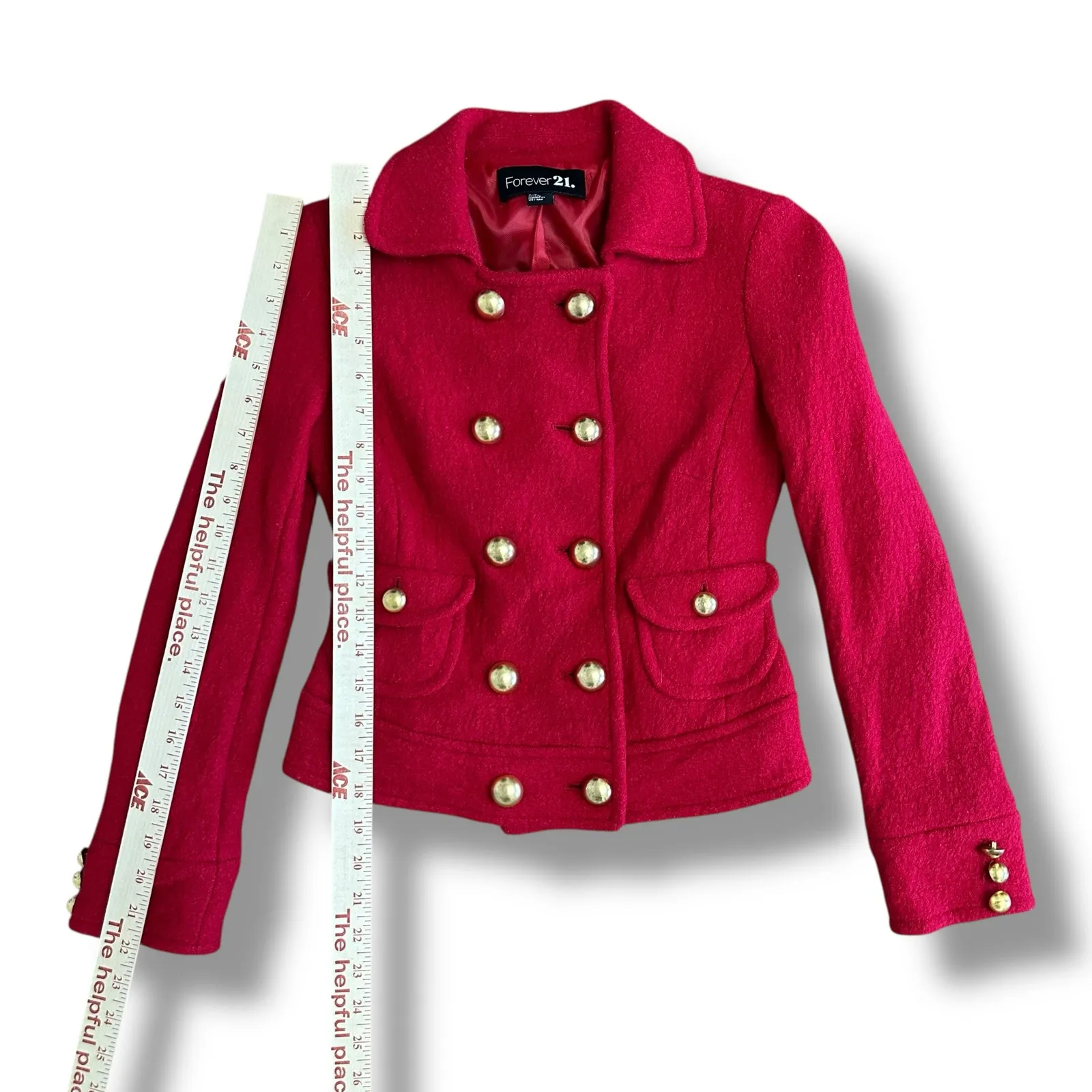 Y2K Forever 21 Red Military Jacket Small Wool Blend Cropped Blazer Gold‎ Buttons - Image 4