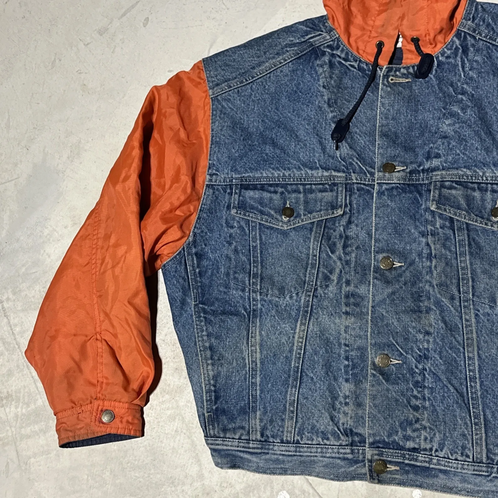 Vintage 90's The Gap Denim SZ Small Jean Jacket W/ Hood Orange Sleeves HipHop - Image 4