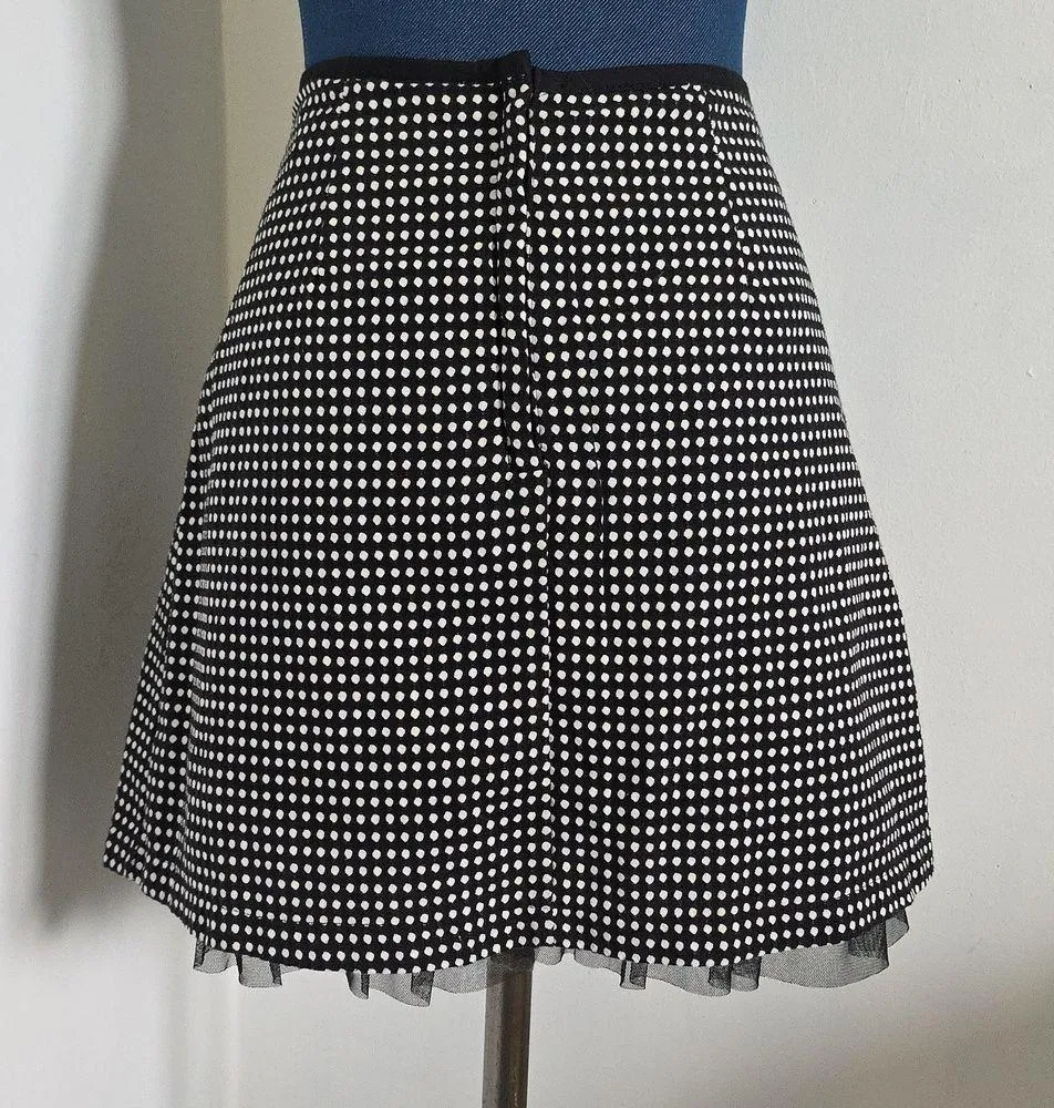 Wrapper Black & White Polka Dot Above the Knee Skirt Lace Hem - Image 6
