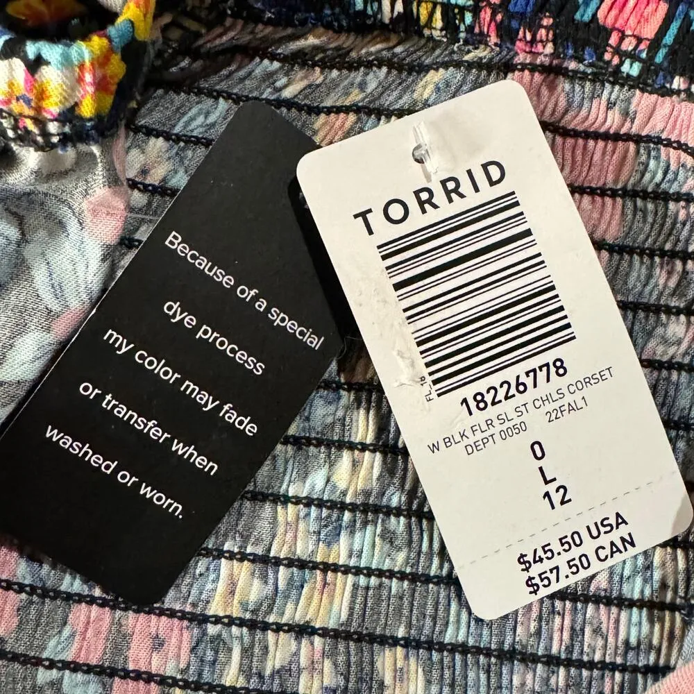 Torrid SZ 0 (Large) Challis Lace-Up Back Corset Top Floral Strapless Smocked New - Image 10