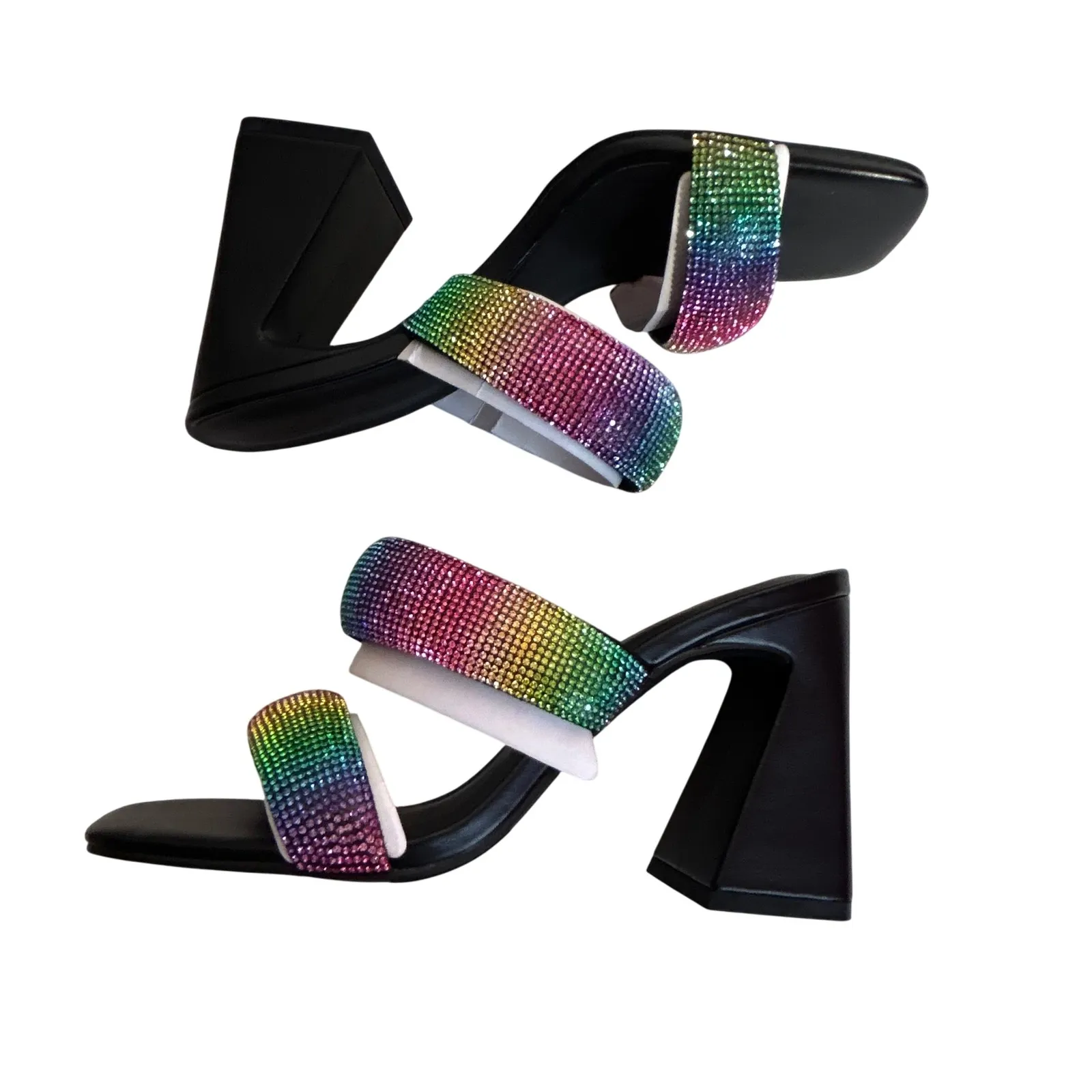 Open Edit  Black Rainbow Rhinestone Square Toe Block Heel Mules Slide  Size 8M - Image 5