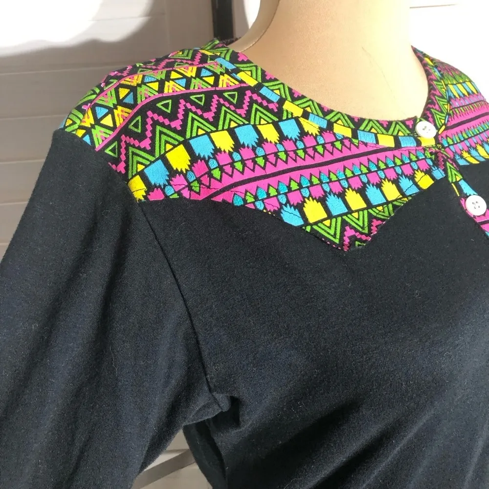 Know Mexico Boho Blouse Ethnic Print Black Cotton Stretch Medium - Image 7