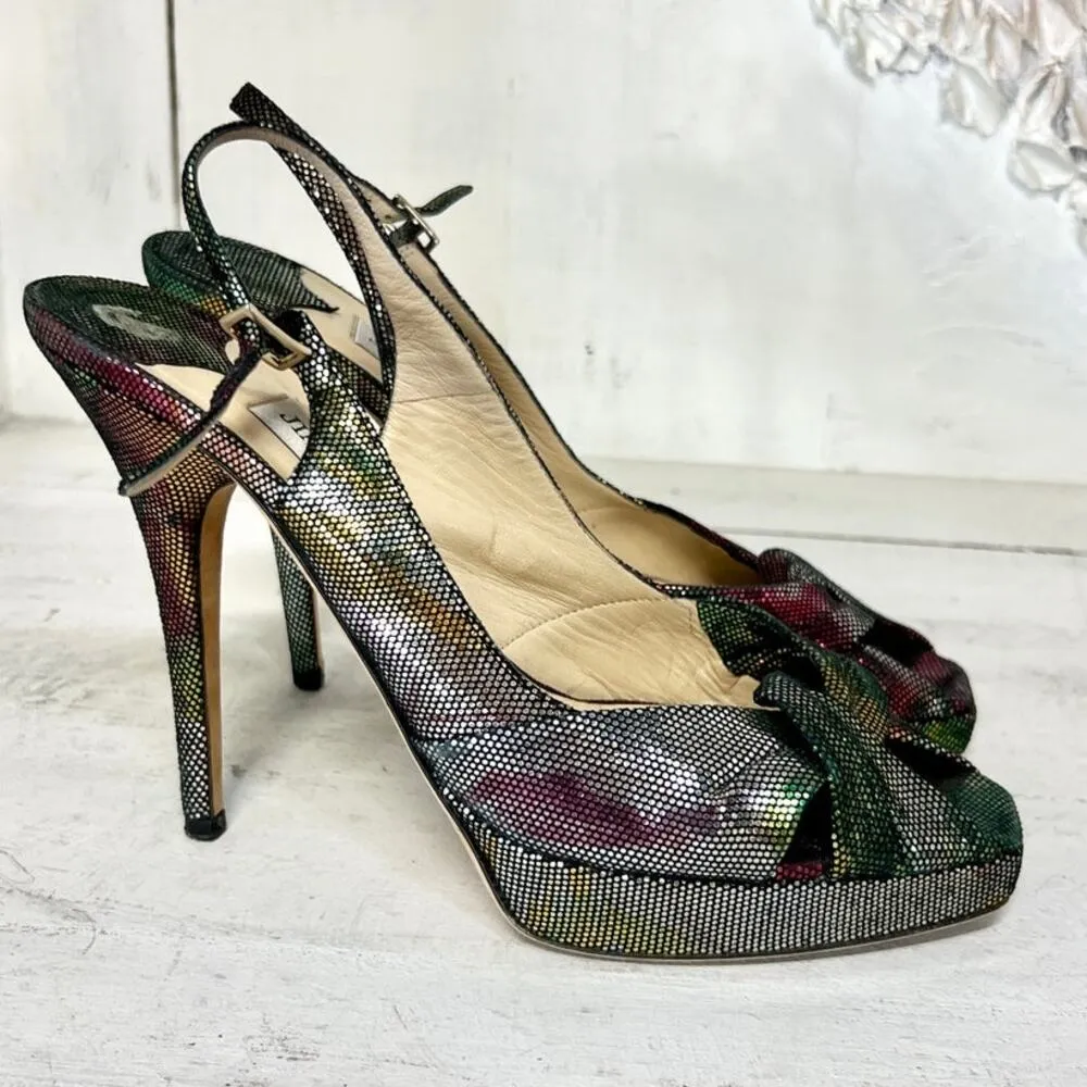Jimmy Choo Textured Suede Metallic Peep Toe Slingback Stilettos Pumps Multi 38.5 - Image 2
