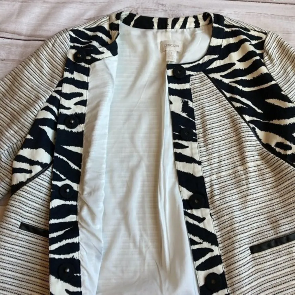 Chico's Linen Blend Tweed Zebra Print Button Up Blazer Size 1 - Image 4