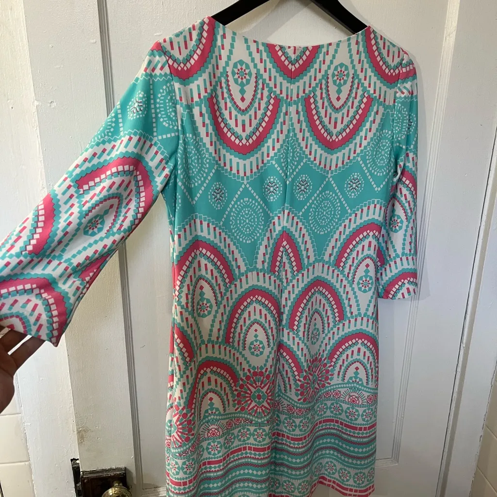 Taylor Teal and Pink Geometric Dress Blue Size 4 - Image 4