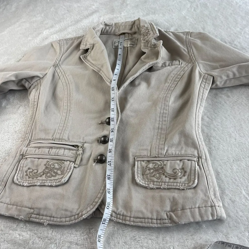 Aeropostale Cotton Embroidered Blazer Jacket Womens S Tan Cream 3 Button Pockets - Image 6