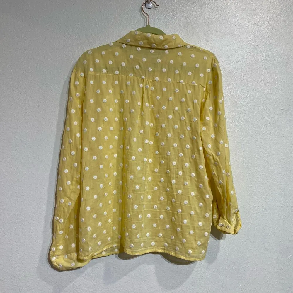 Copper Key  Yellow Sheer Polka Dot Button Down Blouse Sz L - Image 9