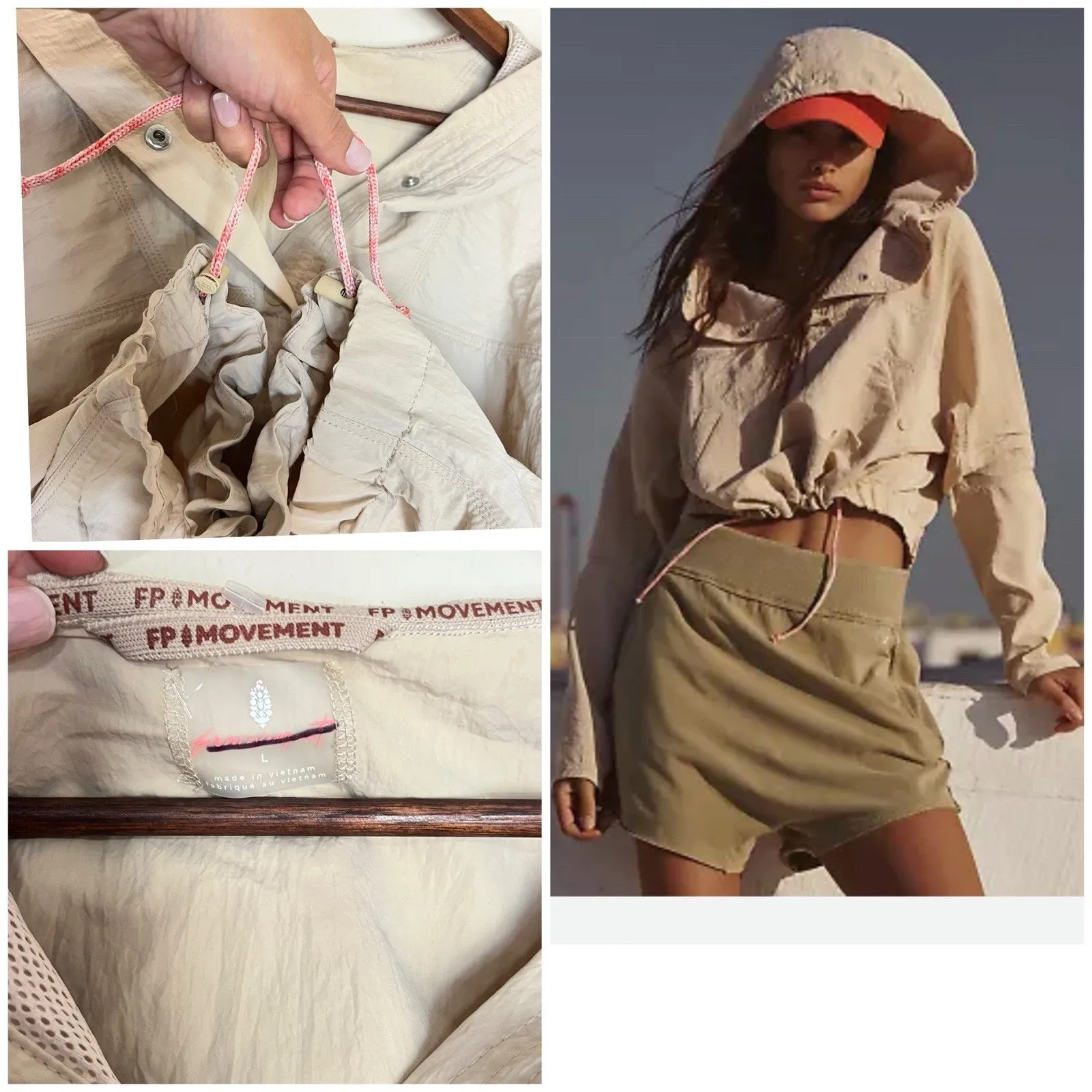 FP Movement Ride The Wave Popover Jacket Beige Cropped Hooded NWT L - Image 9