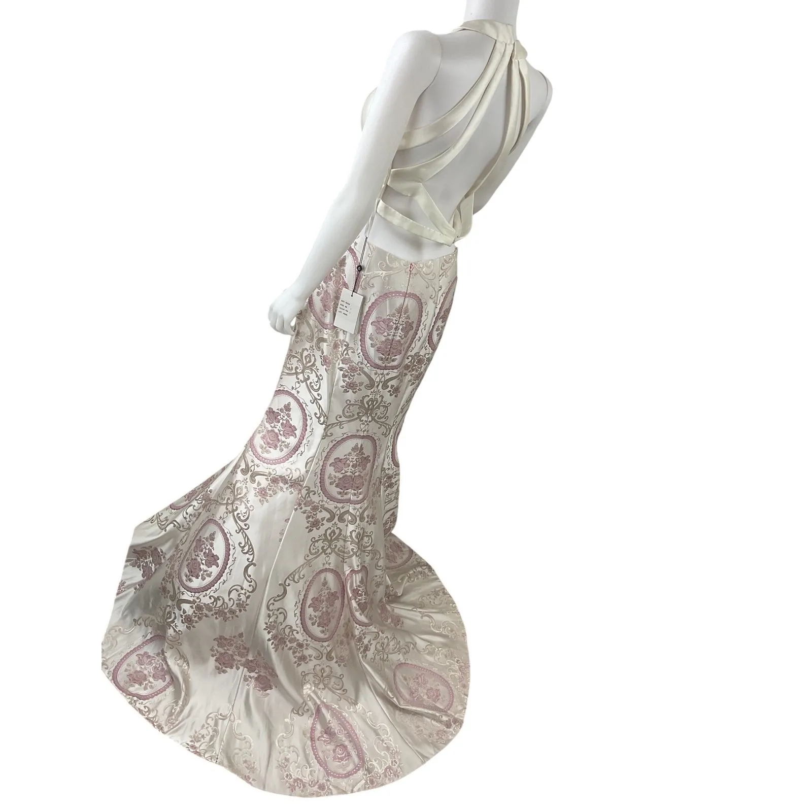 Alyce Paris White Pink Brocade Mermaid Trumpet Gown Formal Evening Dress Size 8 - Image 4