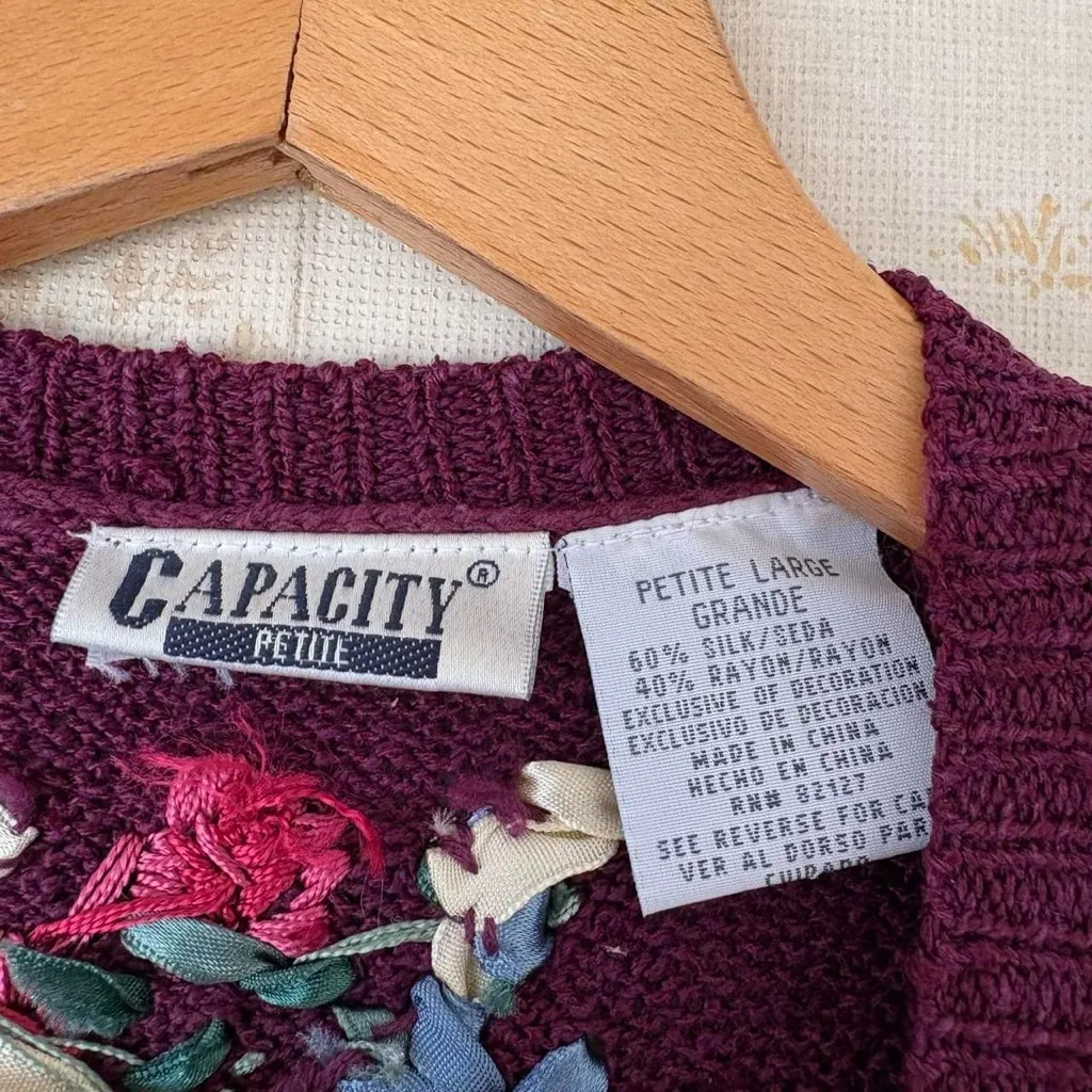 Vintage burgundy silk knit floral embroidered cottagecore cardigan sweater vest Red Size L - Image 8