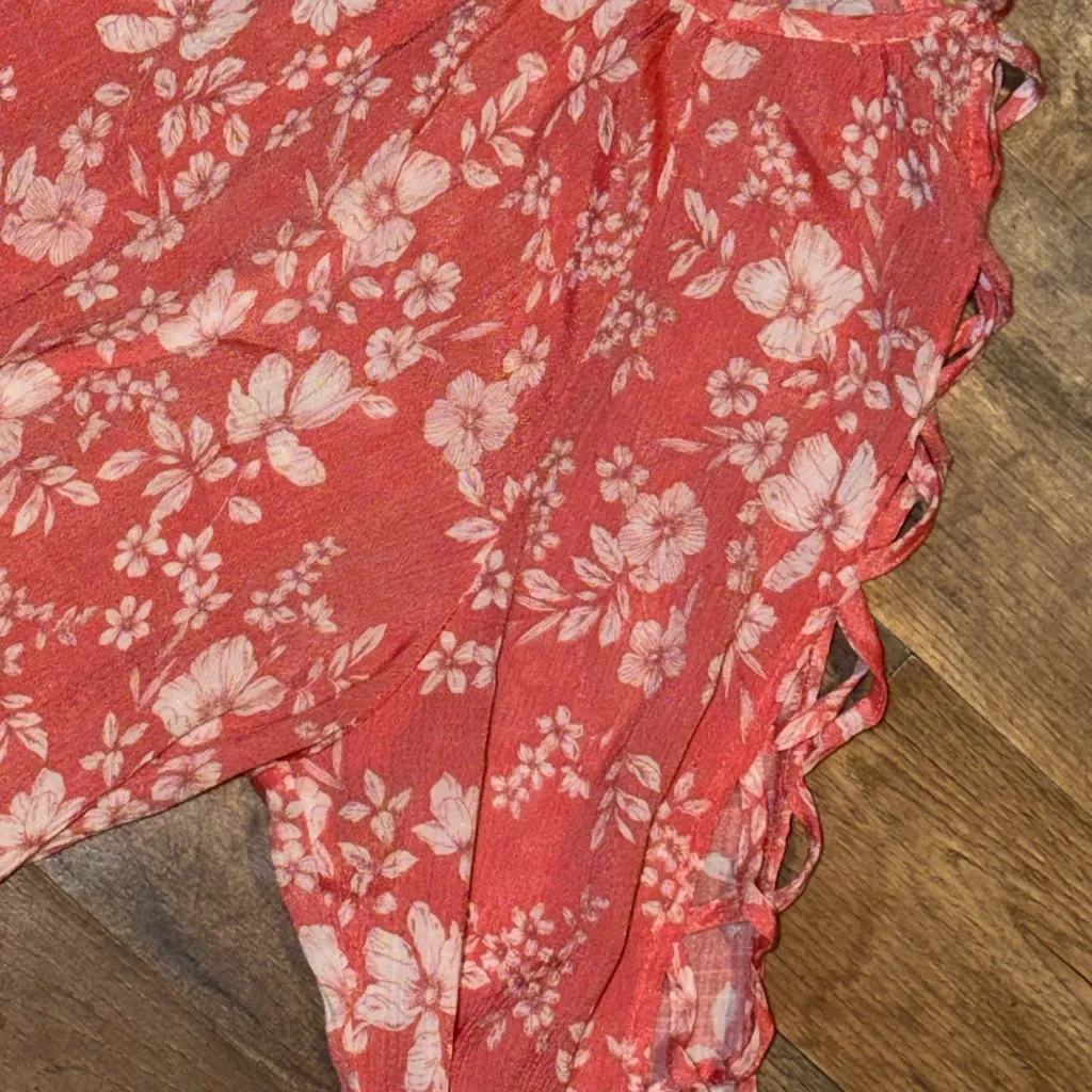 Como Blu Coral Floral Women's Top Long sleeve open design smocked bottom Sz L Pink Size L - Image 6