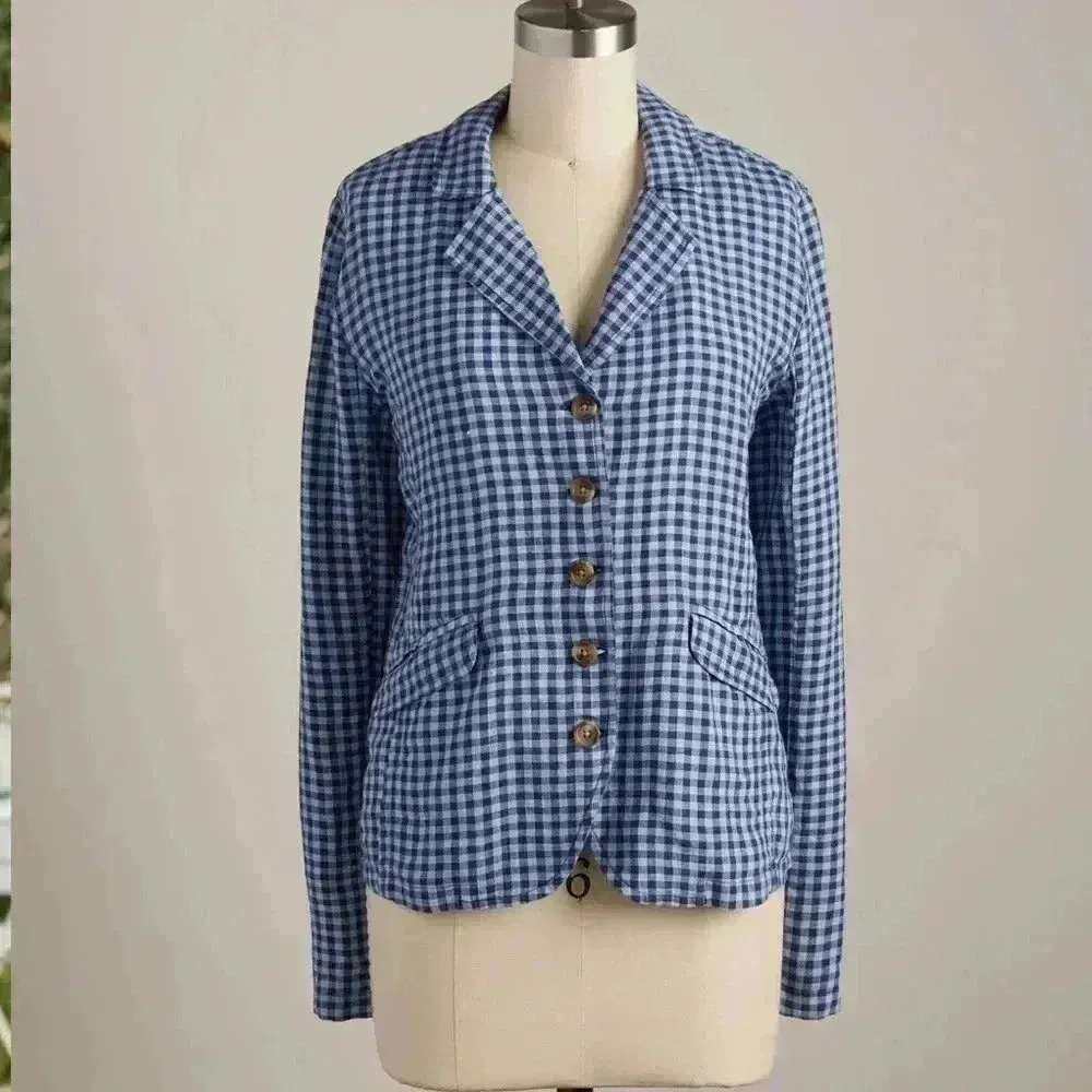 Sundance Catalog Ziri Blazer Linen Blue Checkered Button Up Jacket Sz PXXS - Image 3