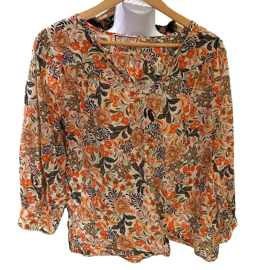 JOHNNY WAS Women's Cotton Boho Blouse LARGE Valencia Circle Yoke Orange Harvest - Image 9