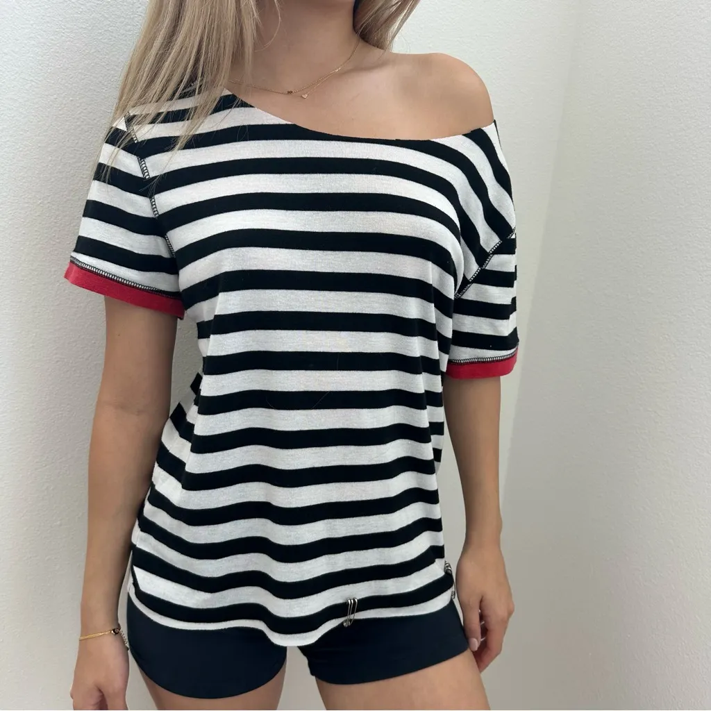 Punk Safety Pins Black & White Stripe Off the Shoulder T - Image 2