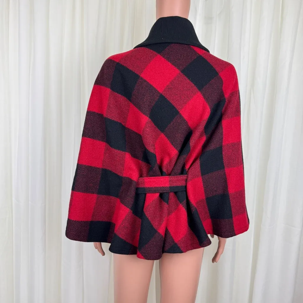 NWOT FUDA Plaid Wool Cape Poncho Shawl Coat Red Black Buffalo Size Large Y2K - Image 4