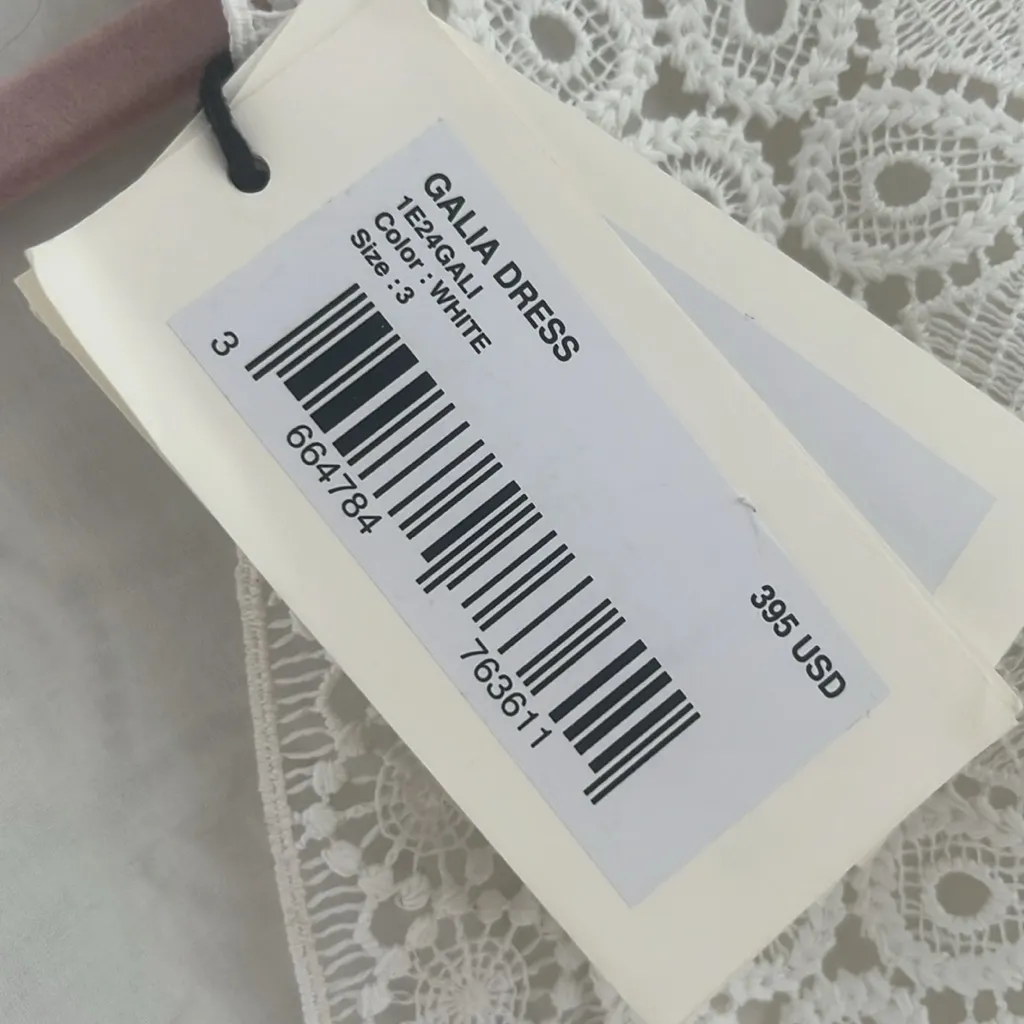 Ba&sh Lace Dress White Crochet Short Bell Sleeves A Line Size Large NWT - Image 12